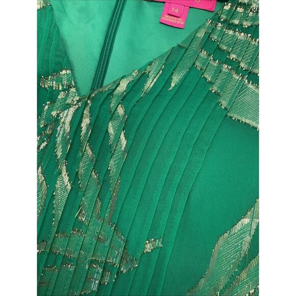 Lilly Pulitzer Green Gold Metallic Silk Long‎ Sleeve Swing Dress Size 14 Festive - Picture 3 of 14